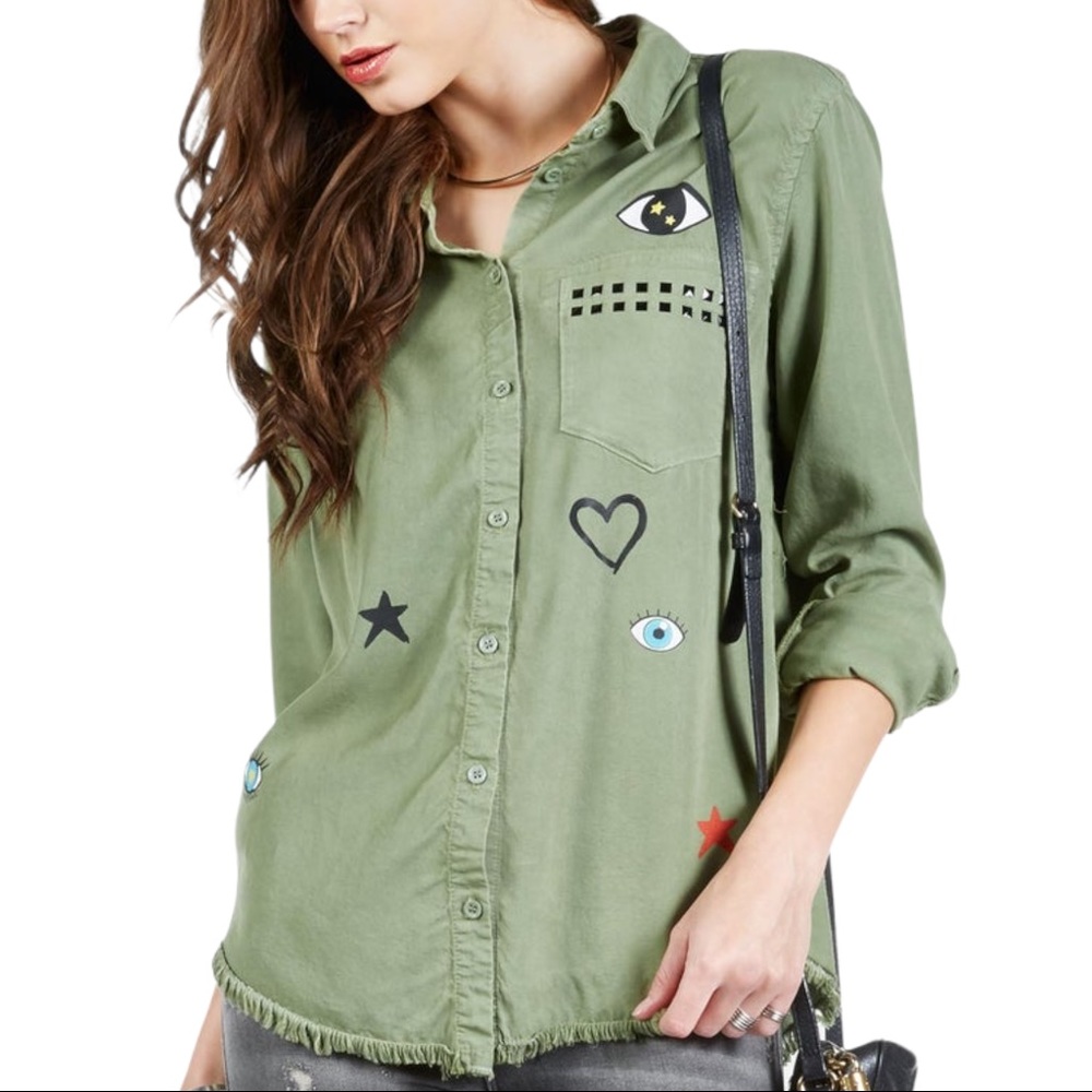 Lauren Moshi Olive Green Button-Down Shirt with Graphic Patches
